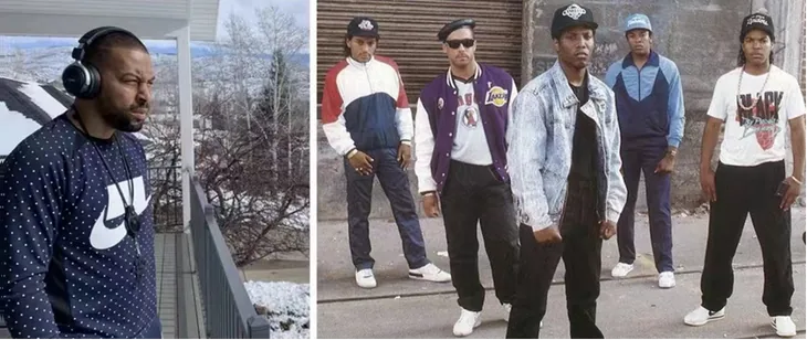 Arabian Prince, founding member of the legendary rap group N.W.A., wearing headphones, shown with an N.W.A. group photo