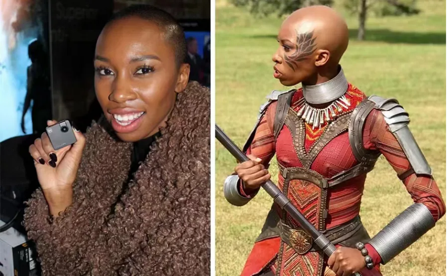Black Panther actress Carrie Bernans holding a Mokacam camera, shown alongside her Black Panther warrior costume