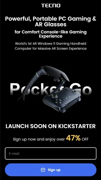 TECNO Pocket Go warm-up landing page with email signup