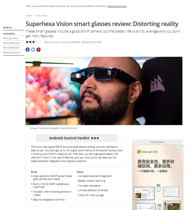 Android Central reviewing the Superhexa Vision smart glasses