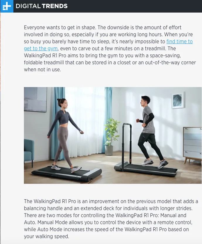 Digital Trends coverage of the WalkingPad R1 Pro