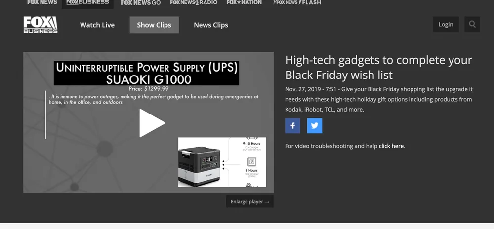Suaoki G1000 featured in a Fox Business Black Friday TV segment
